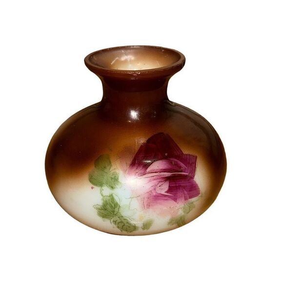 HAND PAINTED MILK GLASS VASE - Squat & Round Brown with Red Rose VINTAGE COUNTRY - Picture 1 of 11